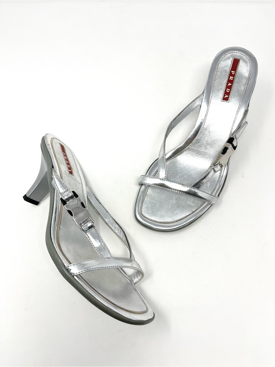 Prada Shoes - Vintage Prada Y2K Strappy Silver Leather Buckle Sandals Slides Kitten Heels 37.5